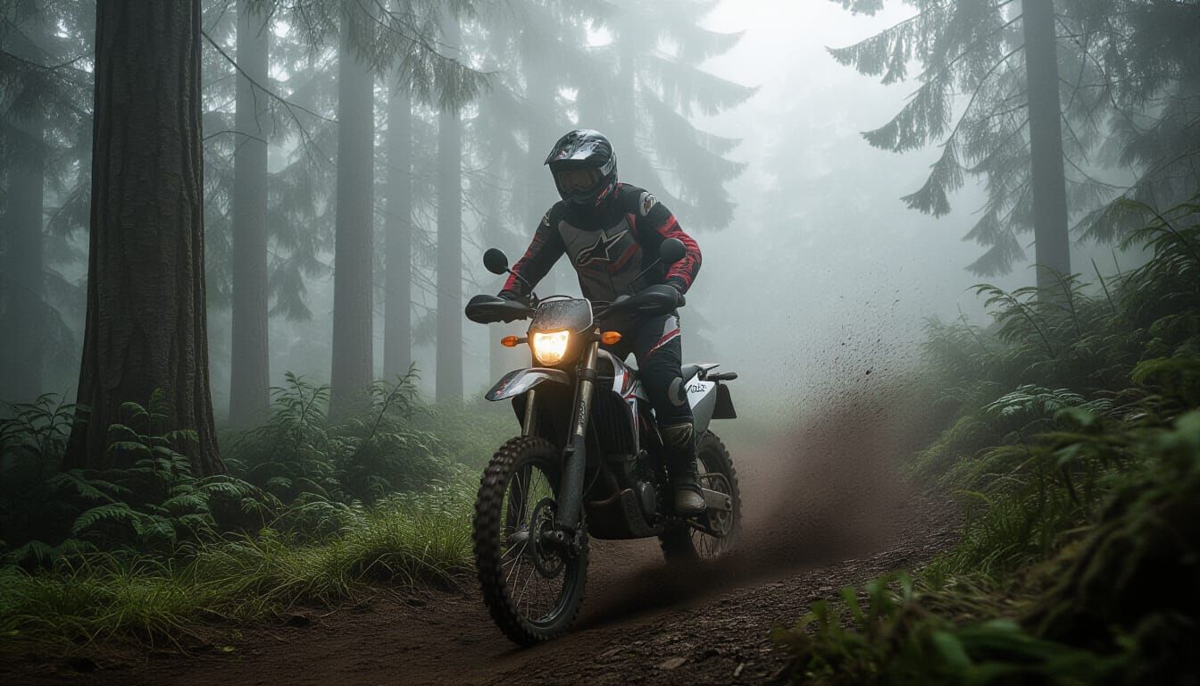 Off-Road Rider in Misty Forest Trail