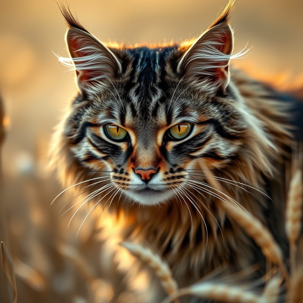 a prominent tomcat on a wheat field watching a mouse hole for the mouse appear again