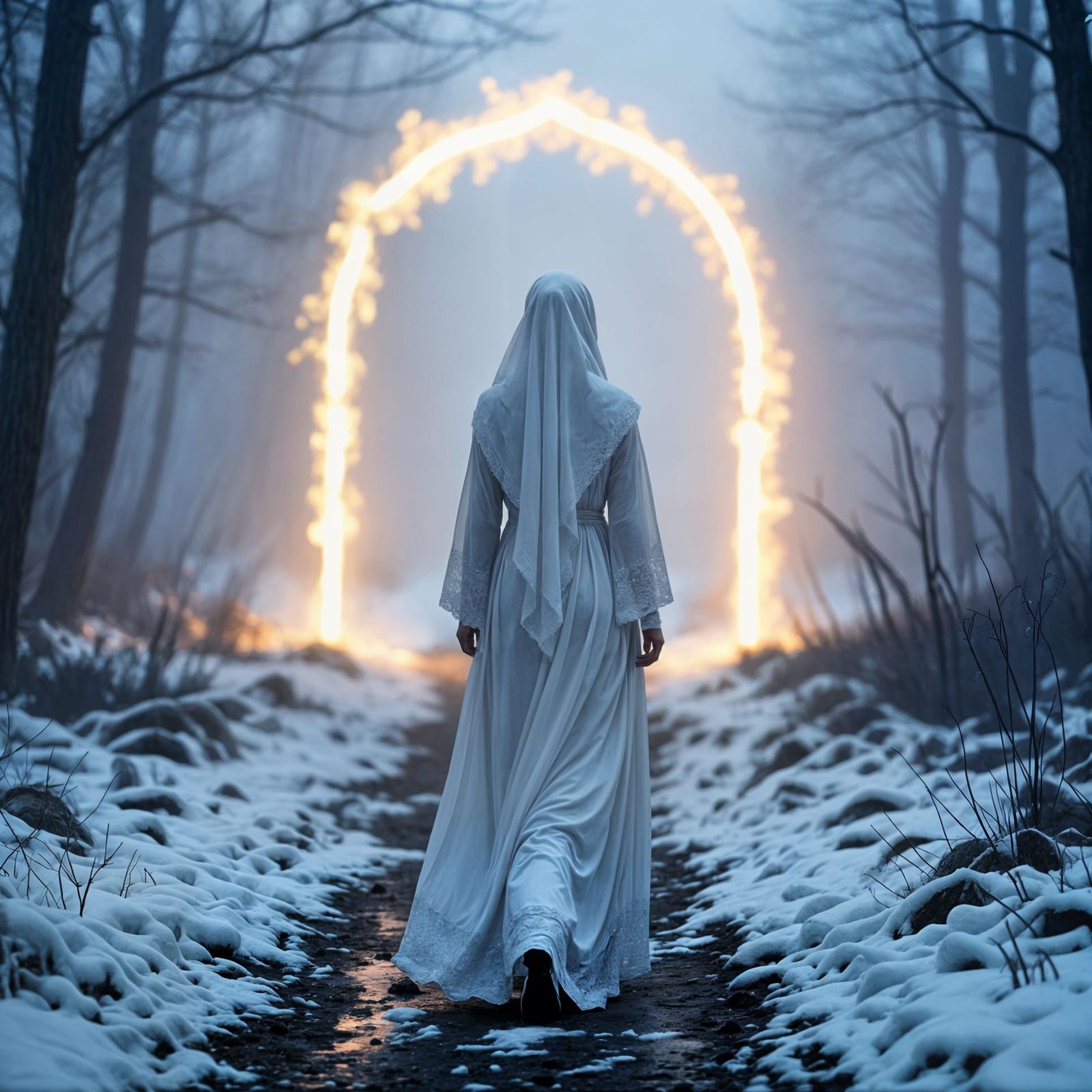 Ethereal Woman in White Hijab at Portal