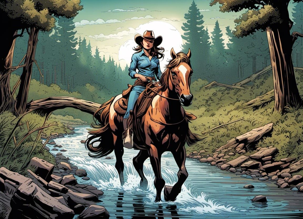 Cowgirl Crossing Stream in Comic Book Style
