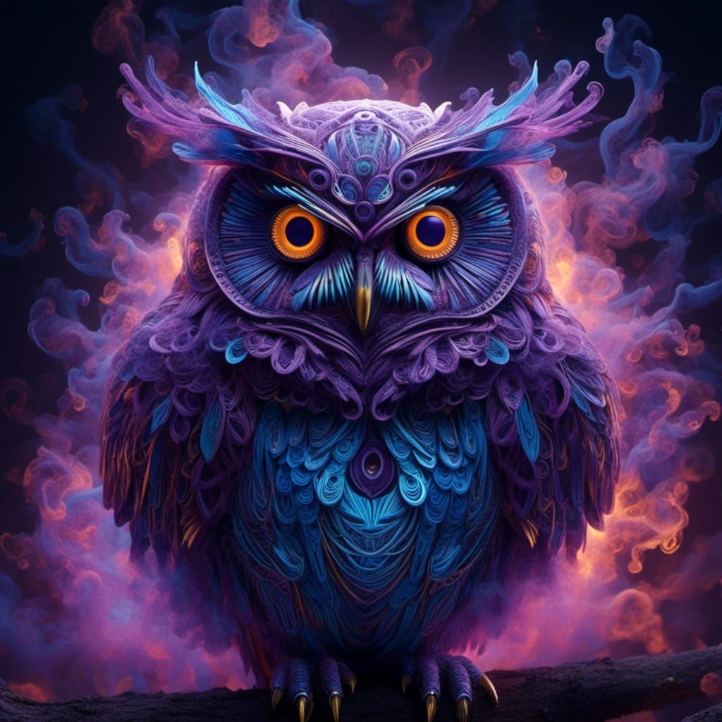 Neon Zentangle Owl in Colored Smoke