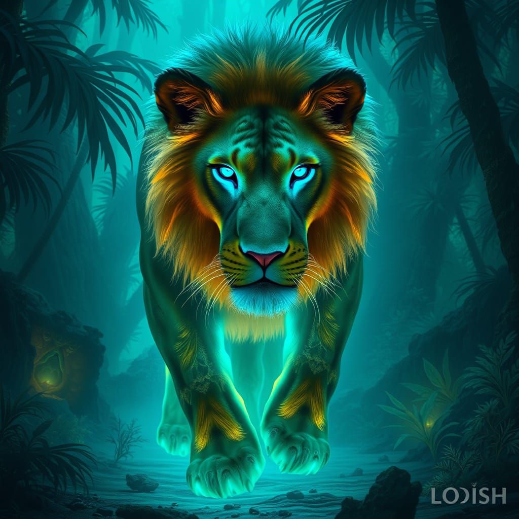 Bioluminescent Lion in Alien Jungle, Digital Art