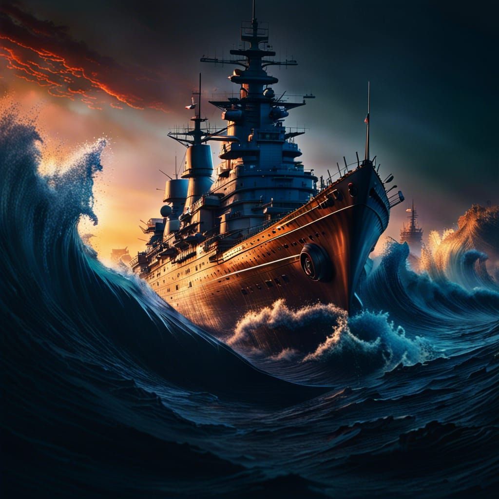 Photorealistic Battleship at Sunrise on Wavy Sea