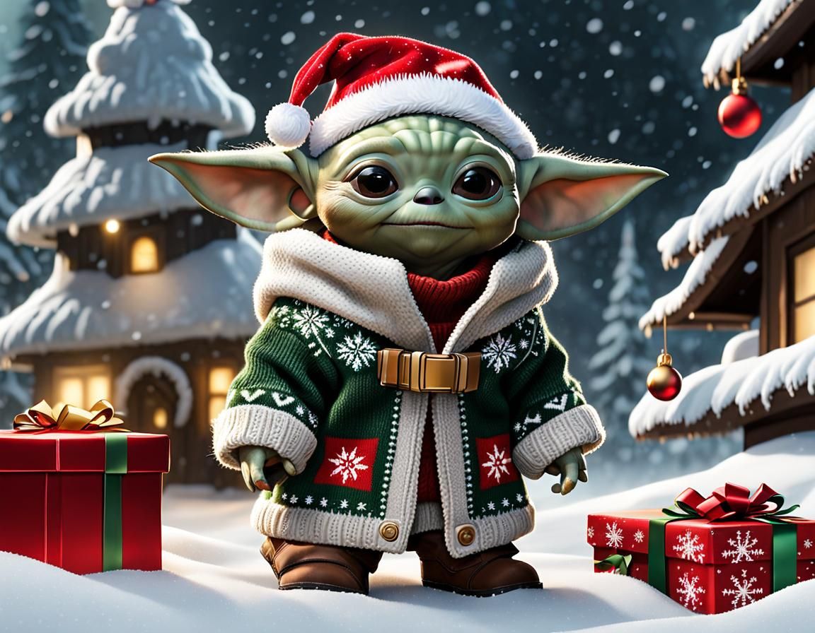 Festive Baby Yoda in Christmas Outfit with Dog