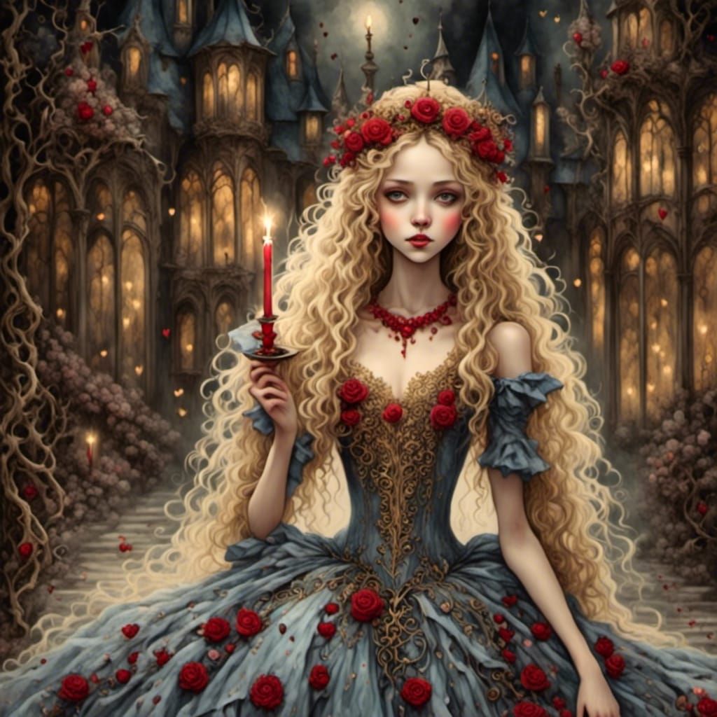 Beautiful Princess with Golden Crown in Courtyard