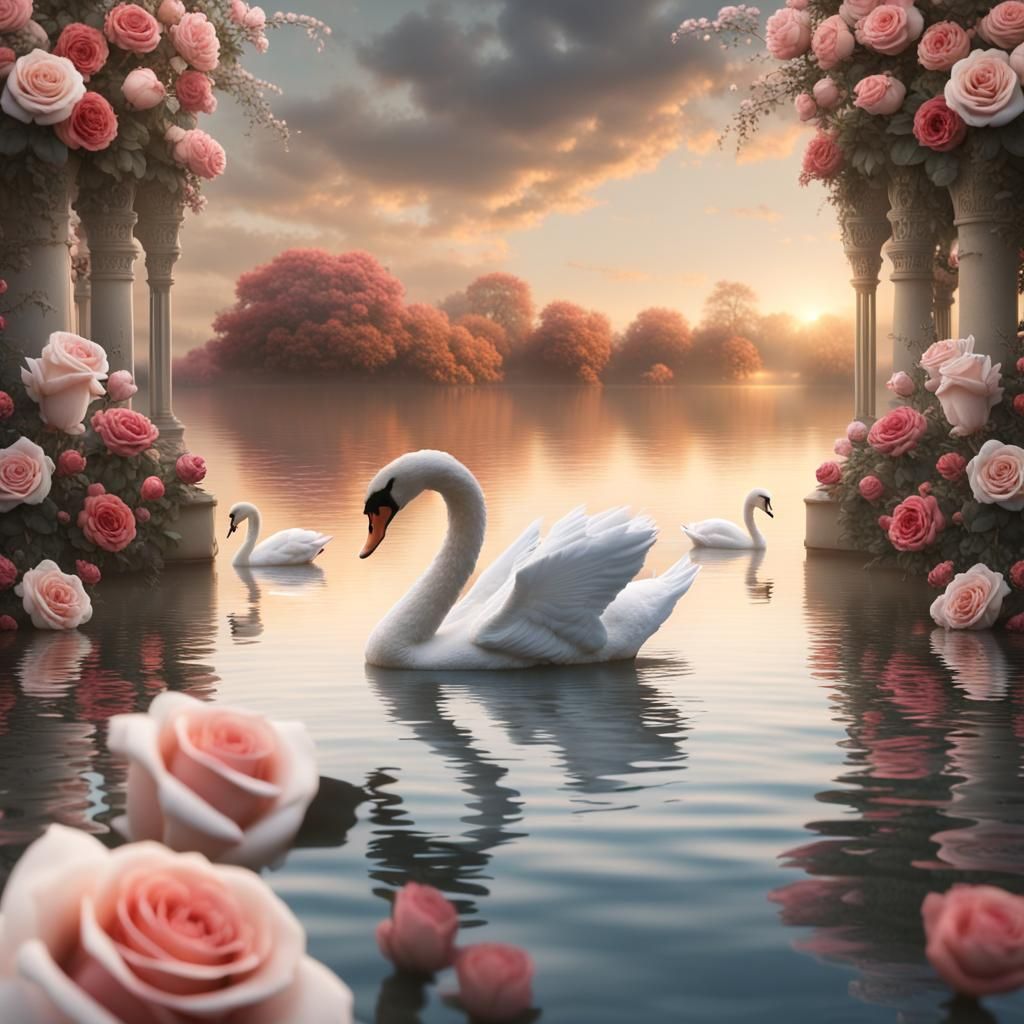 Swan and Cygnet on Rose-Adorned Water