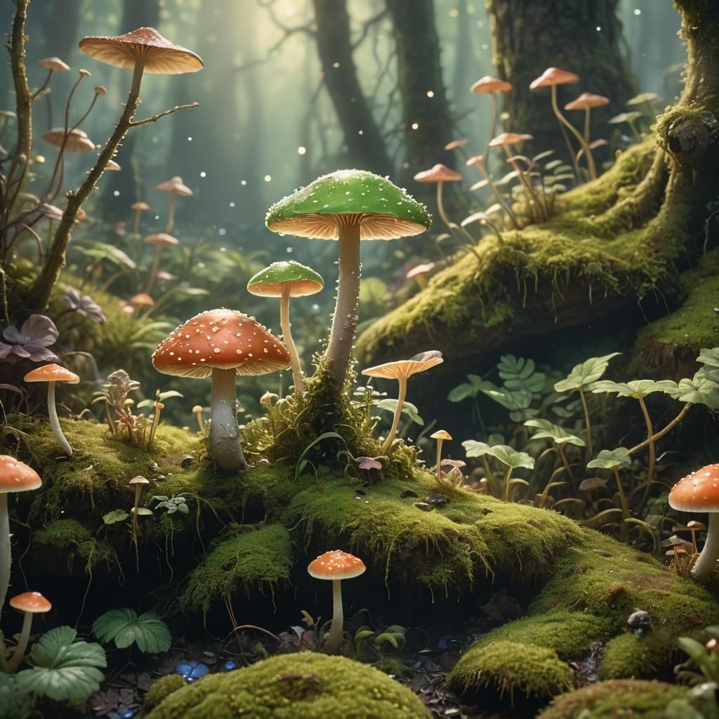 Glowing Mushroom with Fairy in Ethereal Forest