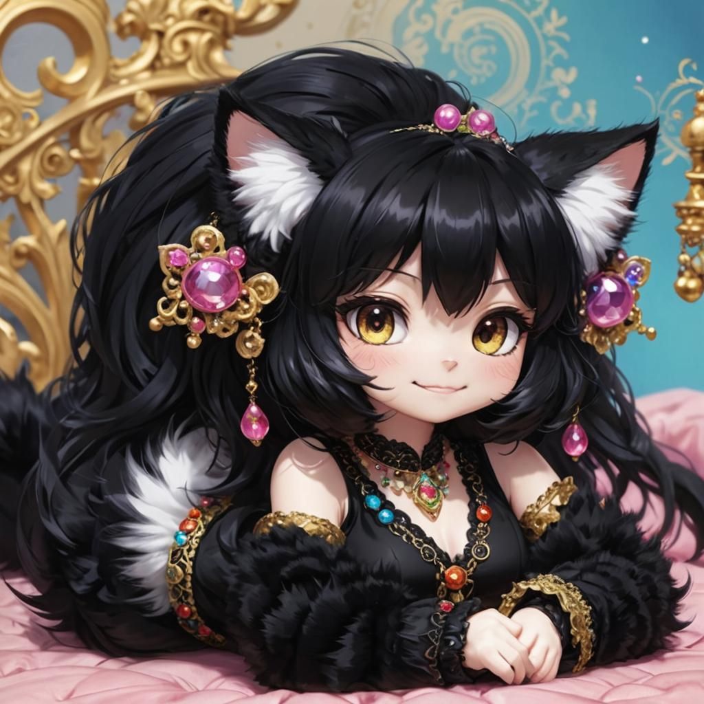 Elegant Catgirl Supermodel Lounging on Yarn Bed