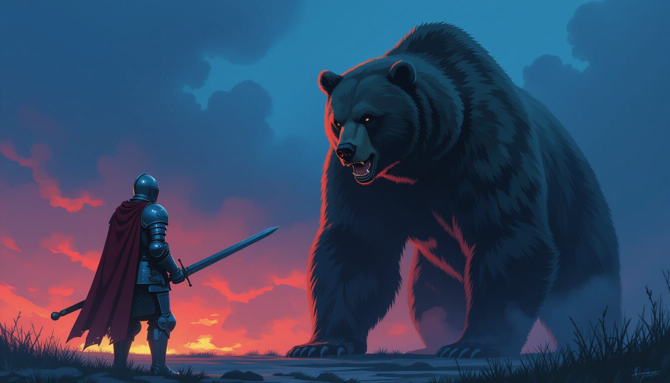 Knight Meets Bear in Dreamlike, Dramatic Scene