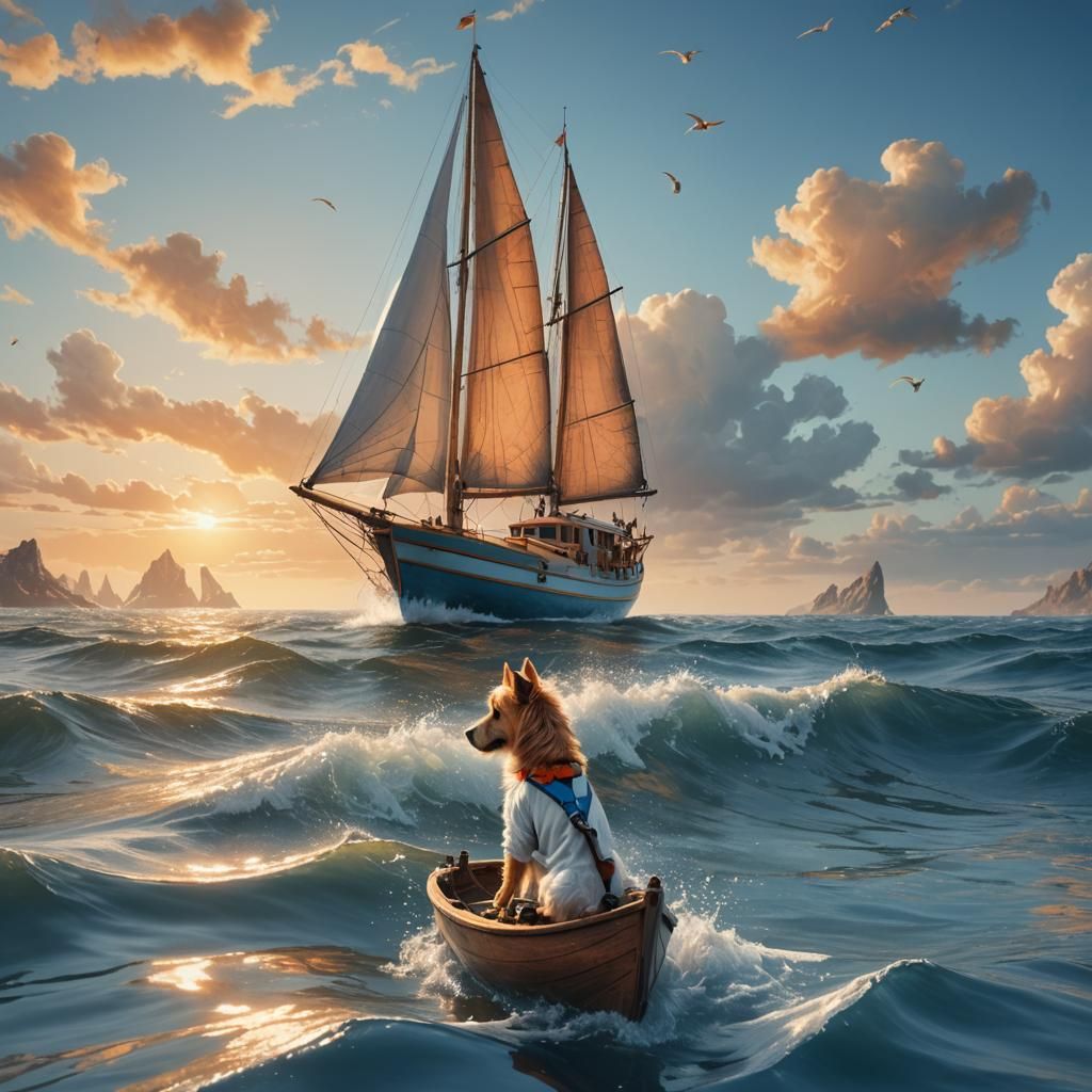 Sailboat with Dog on Calm Blue Sea