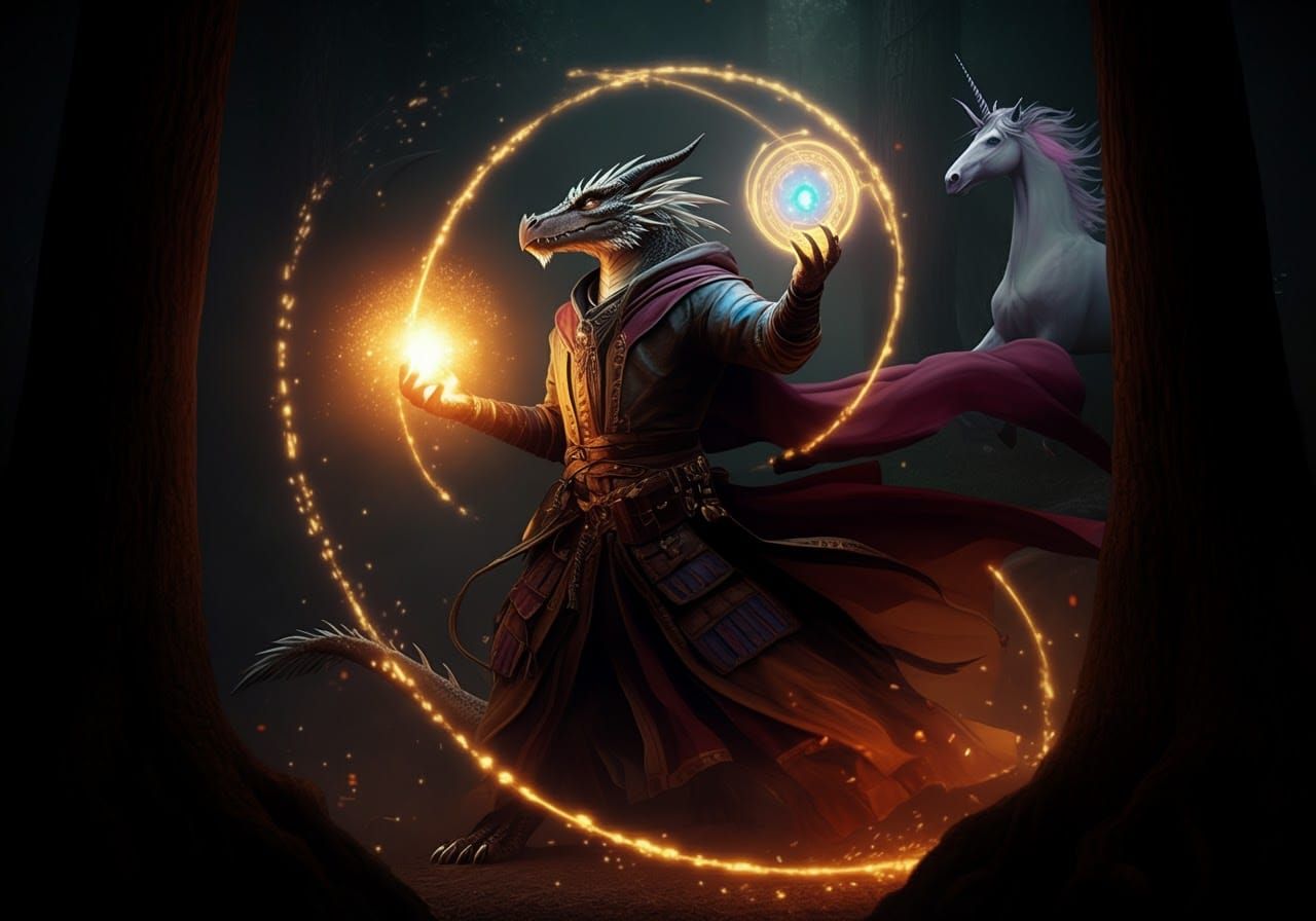 Dragon Wizard Casting Magic in Dark Forest