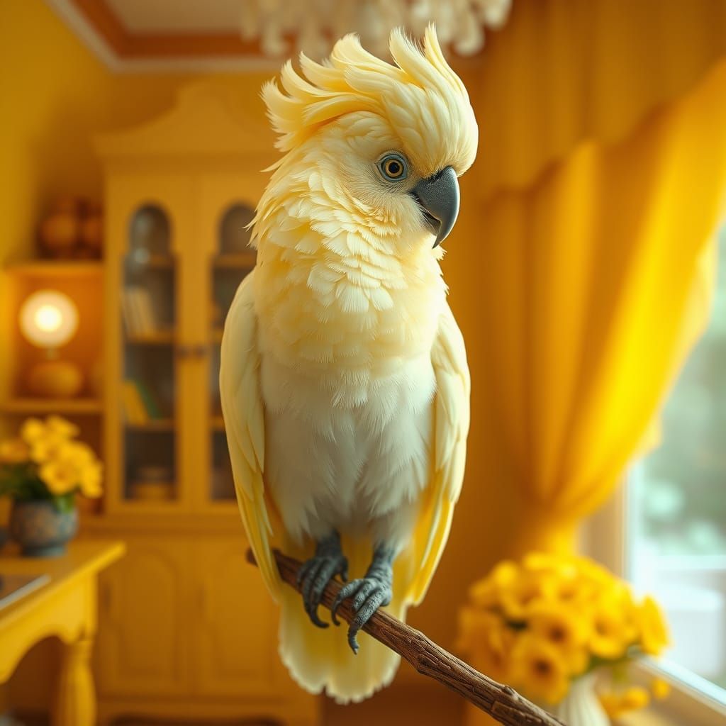 Adorable Yellow Cockatoo in Romantic Digital Art