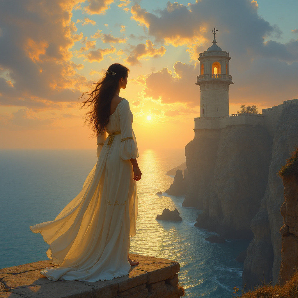 Woman in White Robes Views Golden Sunrise