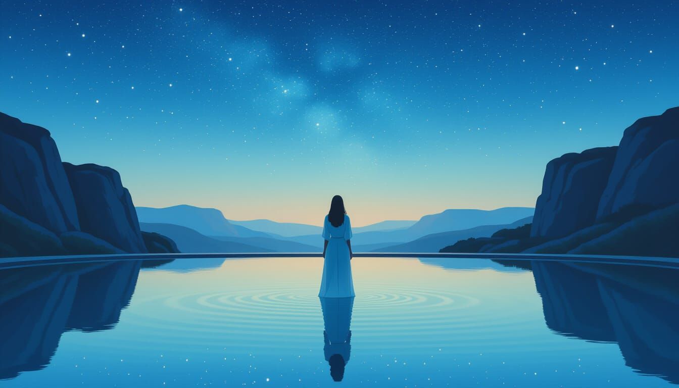 Serene Woman by Starry Pool, Ethereal Landscape