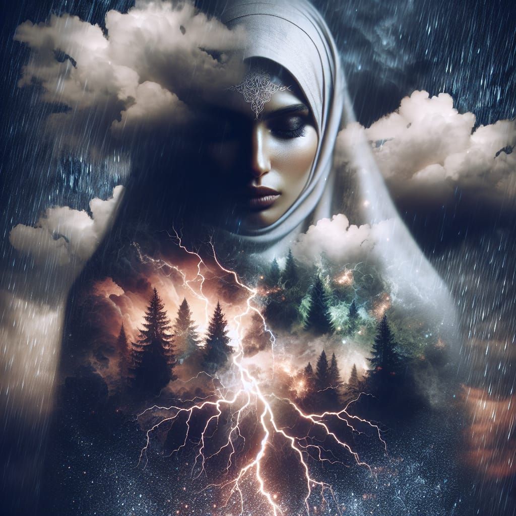 Double Exposure: Woman and Stormy Forest