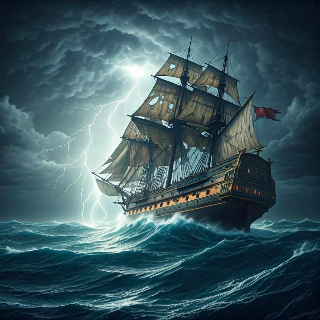 Galleon Battles Tempestuous Sea: 3D Cinematic Masterpiece