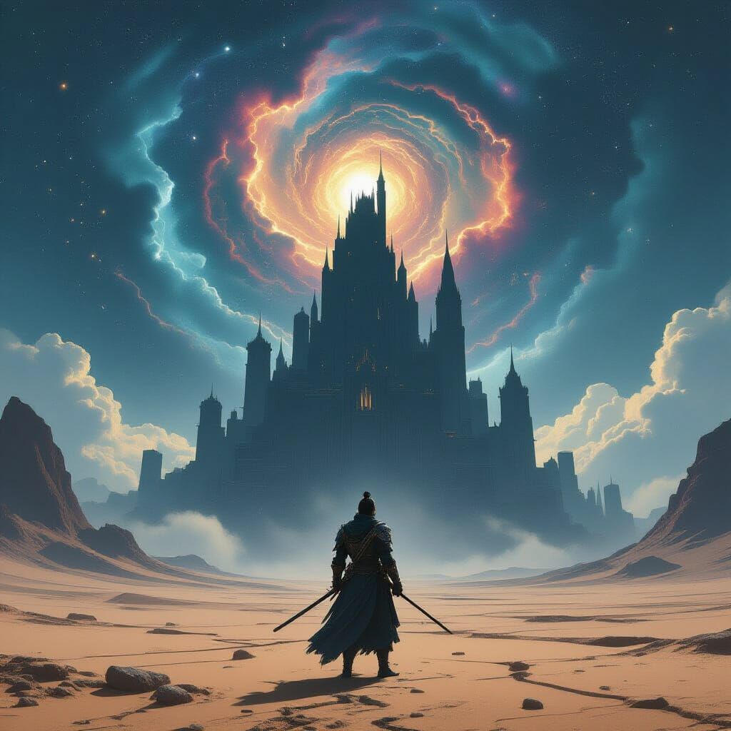Samurai Warrior Before Colossal Castle in Cosmic Desert