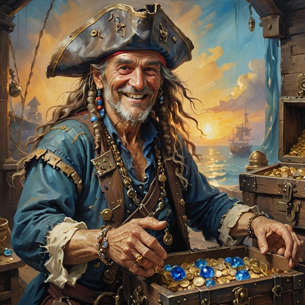 Pirate Treasure: Impressionist Oil Painting with Blue Gemsto...
