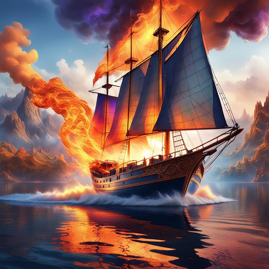 Fiery Sailboat on a Lake: Fantasy Concept Art