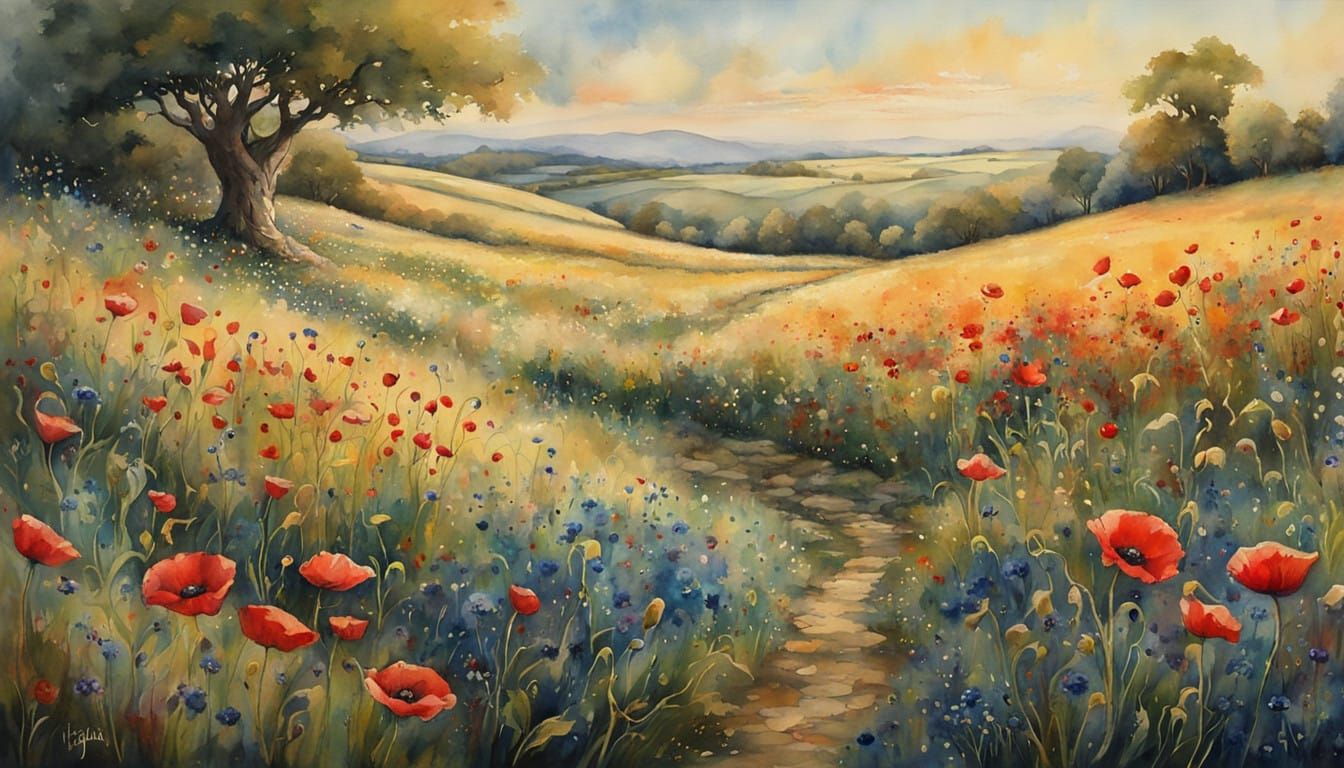 Whimsical Watercolour Landscape with Delicate Wildflowers an...