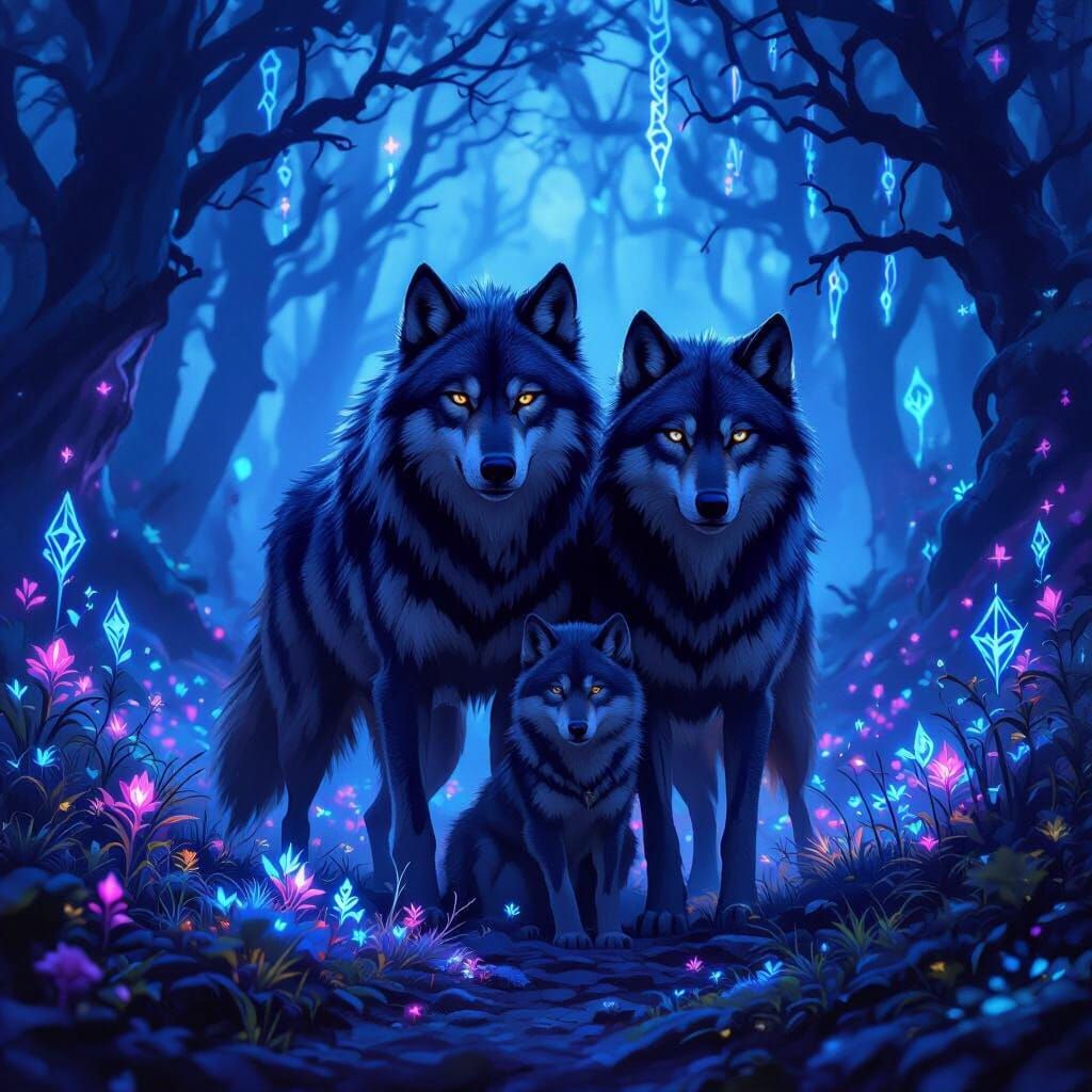 Dire Wolf Family in Mystical Blue Forest