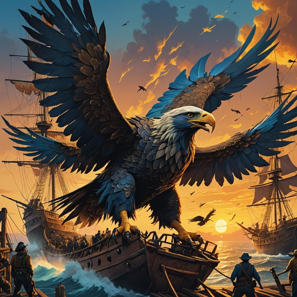 Giant Eagle Attacks Pirates: Fantasy Art