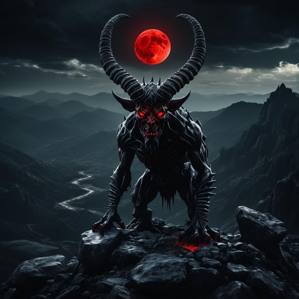 Devil Overlooking Dark Landscape in Surreal Style