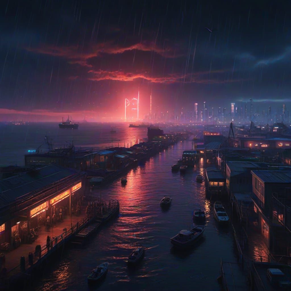 Bustling Harbor at Dawn: Cyberpunk Sci-Fi Sunrise