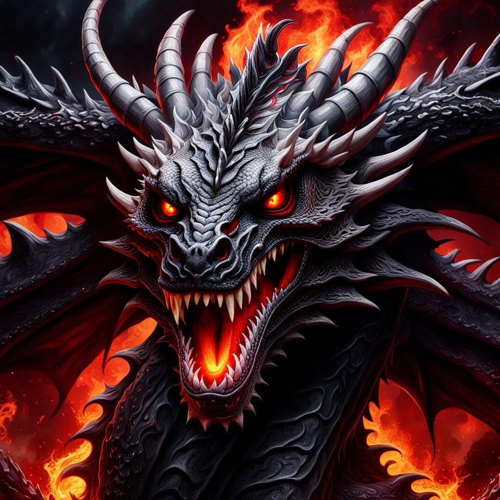 Black Dragon Portrait in Hell, Hyperrealistic Digital Art