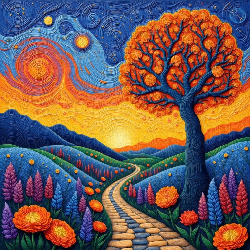 Fantastical Landscape with Swirling Sky and Spiral Textures