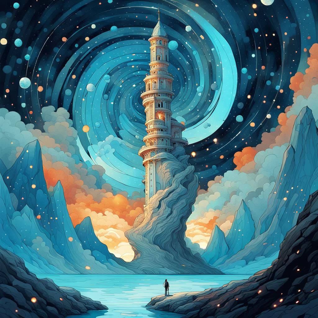 Fantasy tower of white marble in the snowcapped mountains