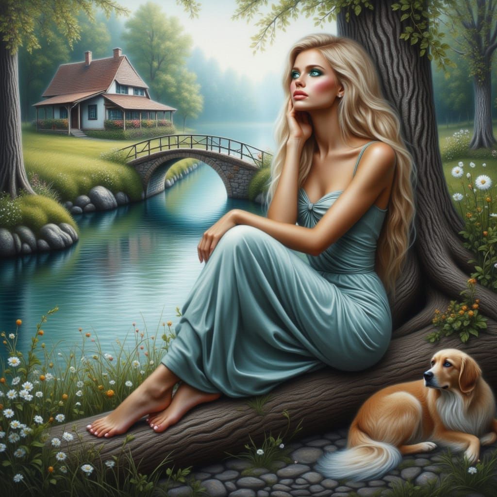 Woman by River in Impressionistic Oil Painting Style