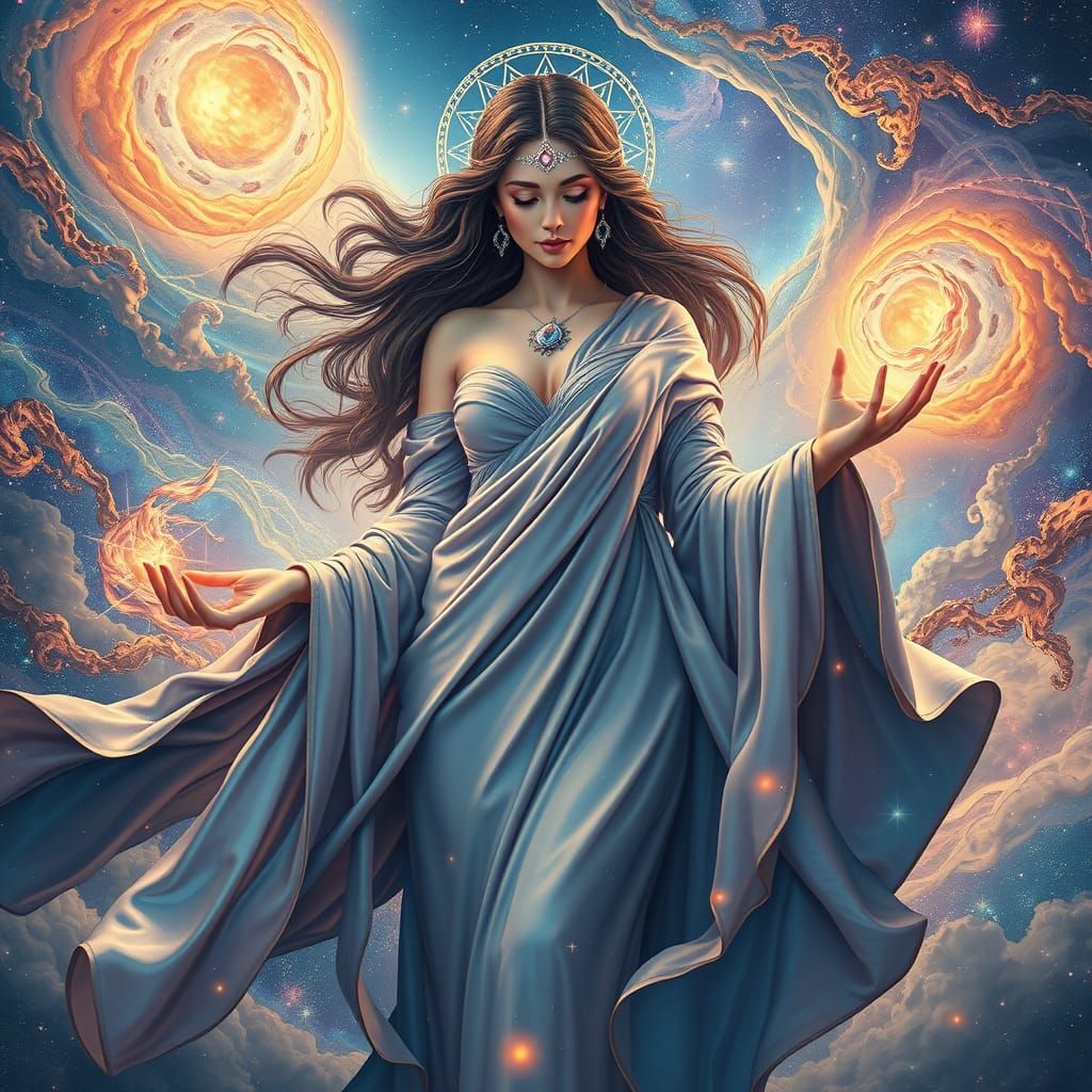 Ethereal Goddess of the Cosmos in Shimmering Silk