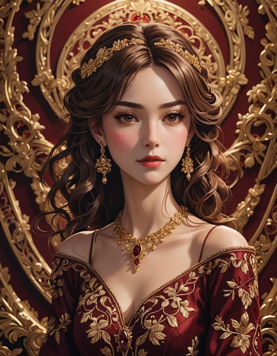 Elegant Anime Woman in Red Dress, 3D Render