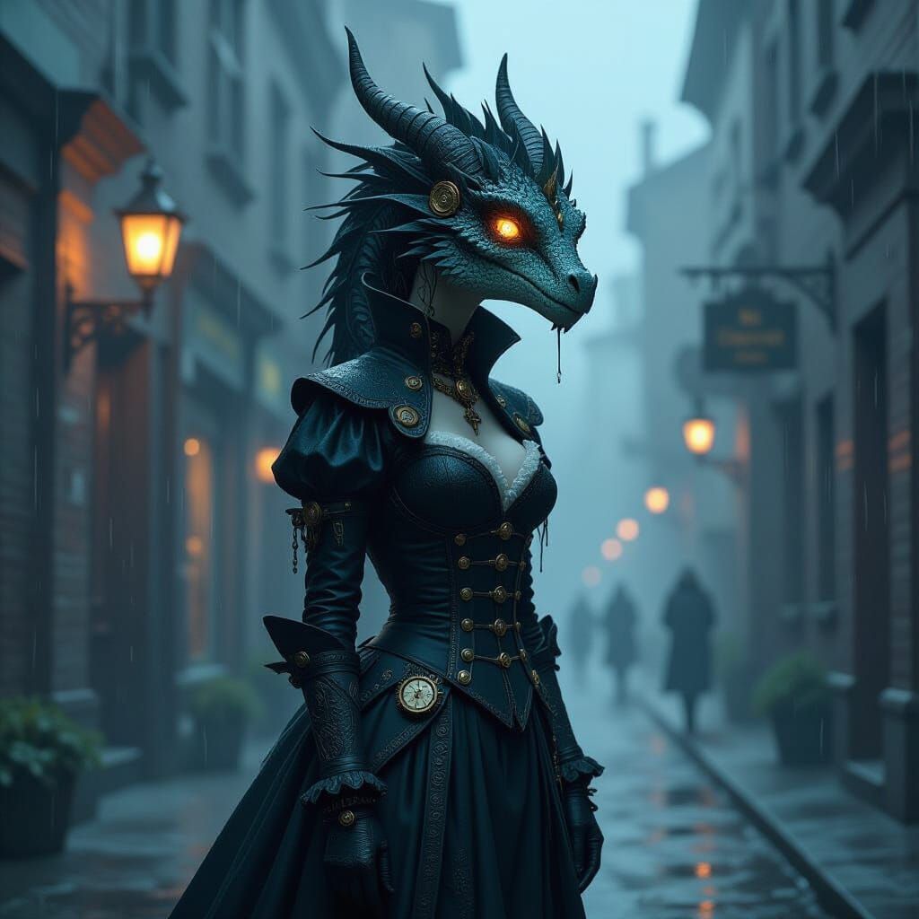 Clockwork Dragon Hybrid in Dystopian City