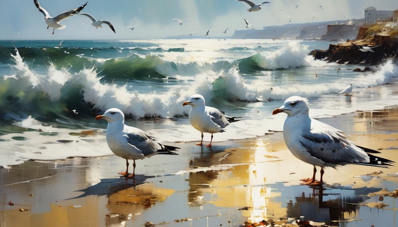 Seagulls on Beach in Fine Art Style