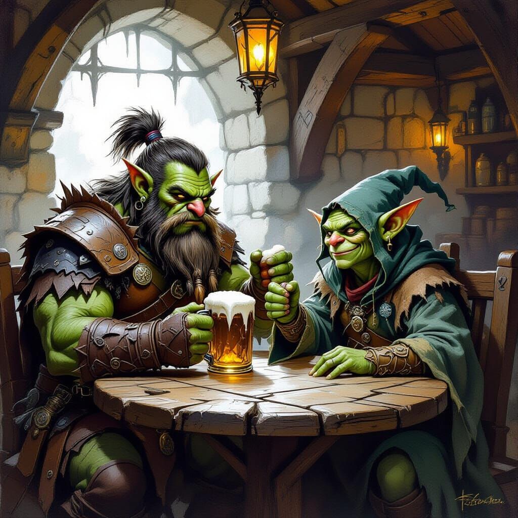 Troll Warrior and Goblin in Tavern: Dark Fantasy Art