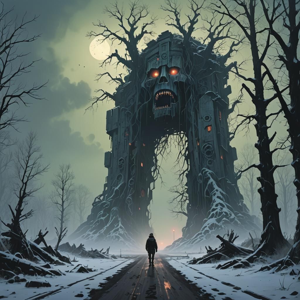 Eerie Figure in Mist: A Dark Surrealism Landscape