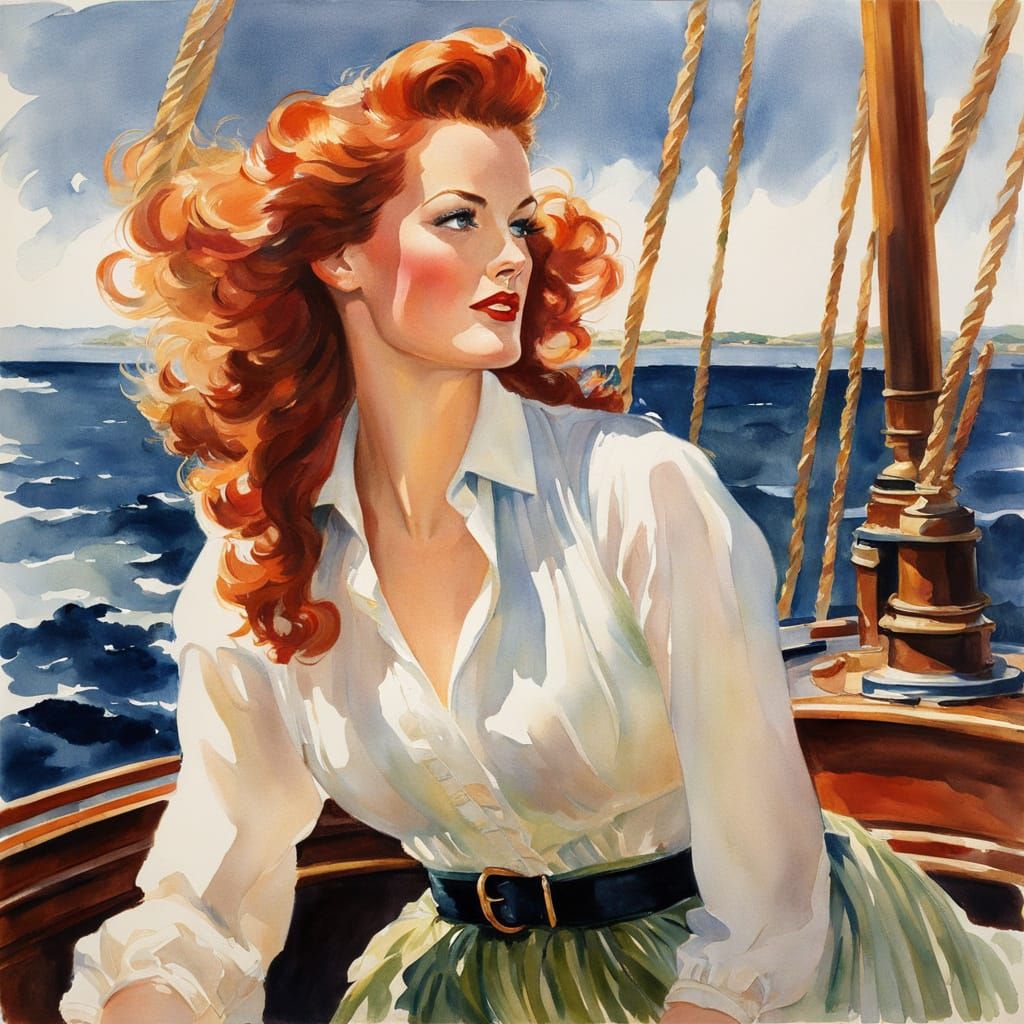 Watercolor Portrait of Redhead on Sailing Ship