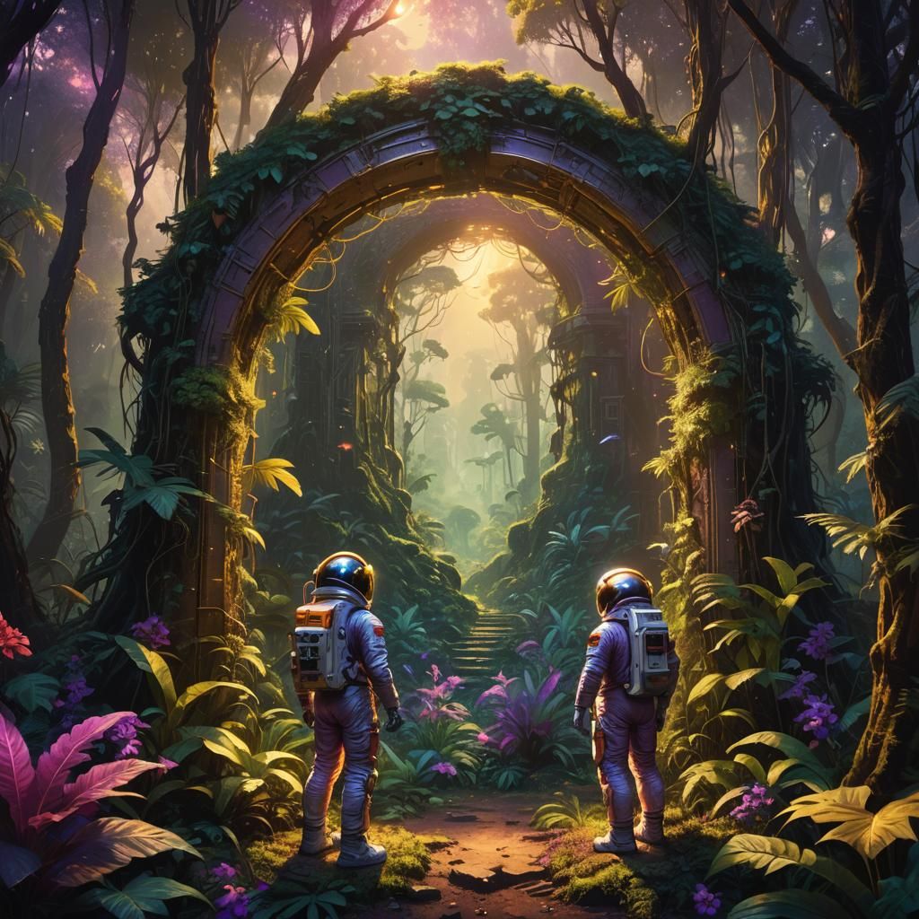 Astronaut and Mystical Portal in Alien Jungle