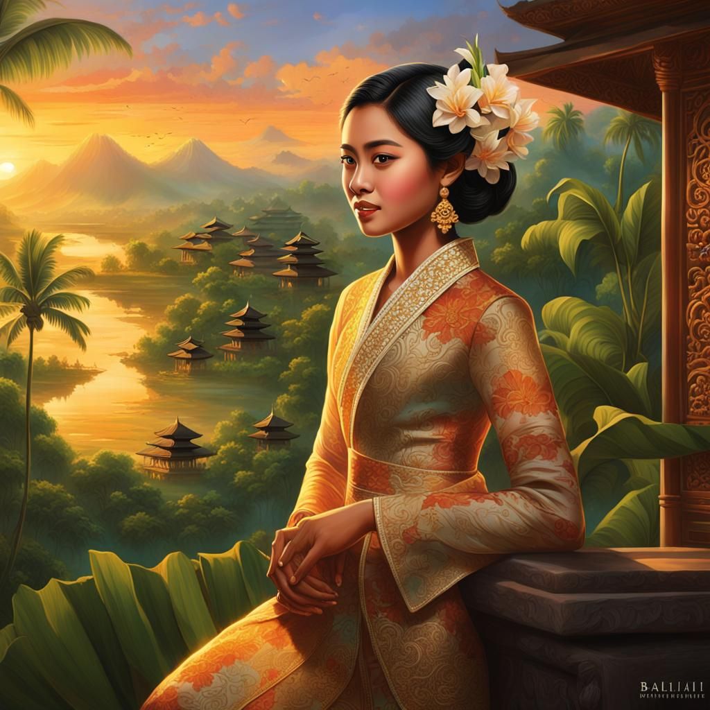 Balinese Woman in Kebaya at Sunset: Hyperrealistic Art Deco