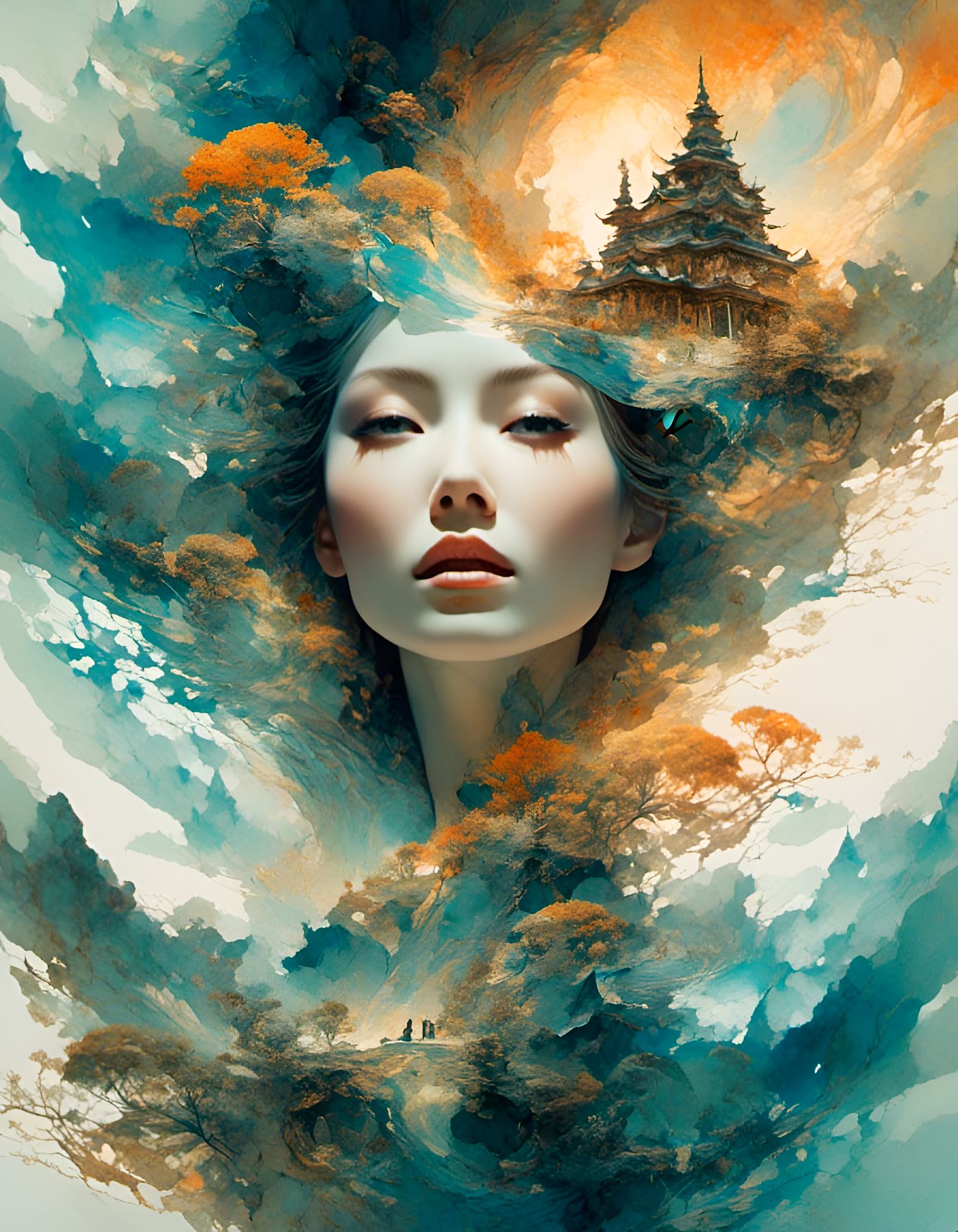 Double Exposure: Woman and Bioluminescent Fantasy Landscape