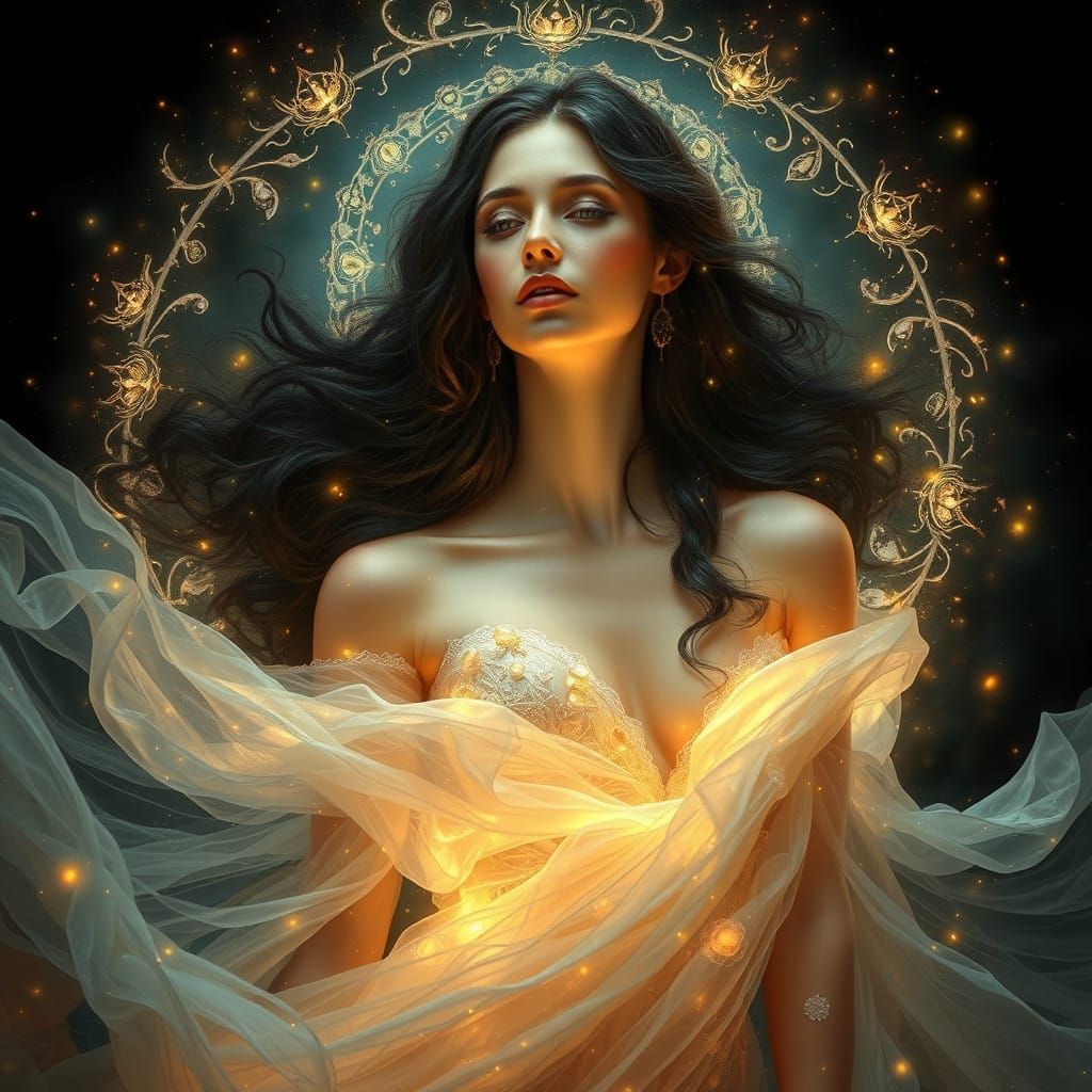 Ethereal Maiden in Crystal Aura, Soft Textures, and Iridesce...