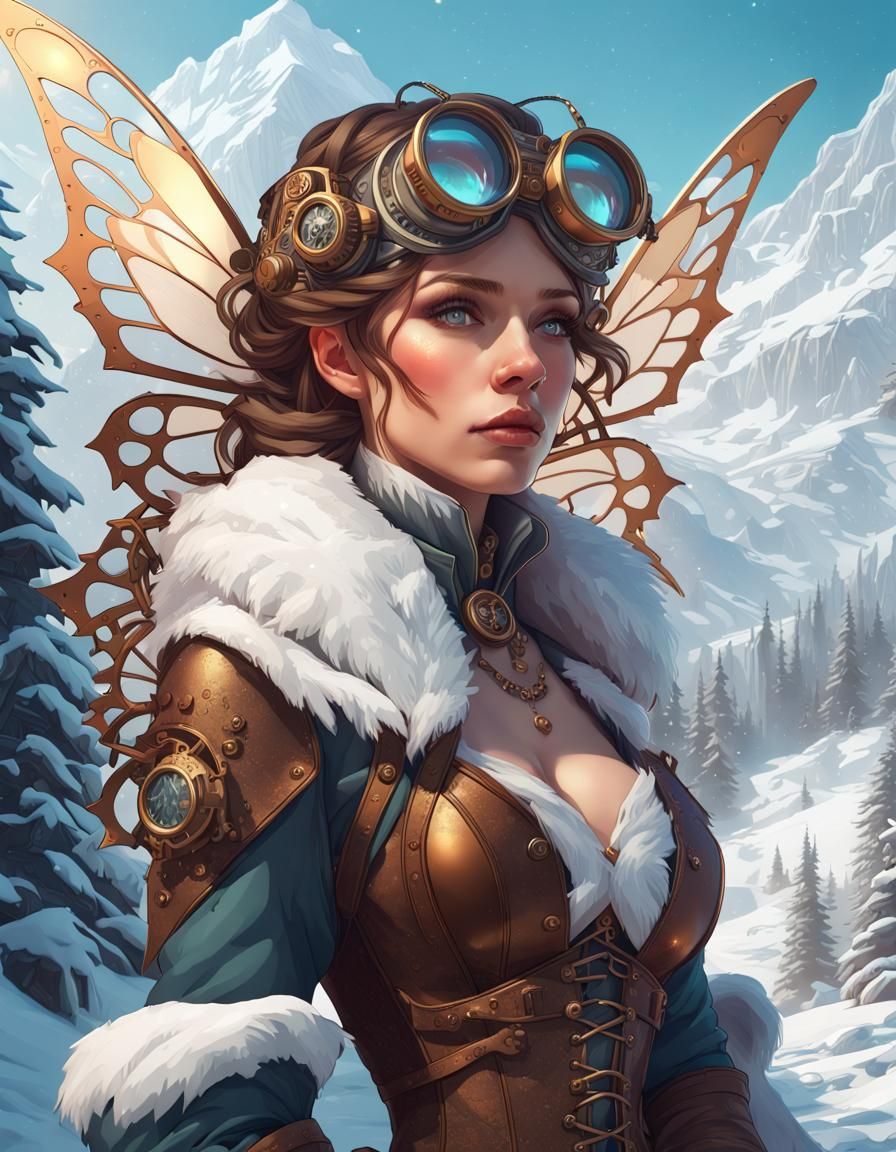 Steampunk Fairy in Winter Landscape, Detailed 8K