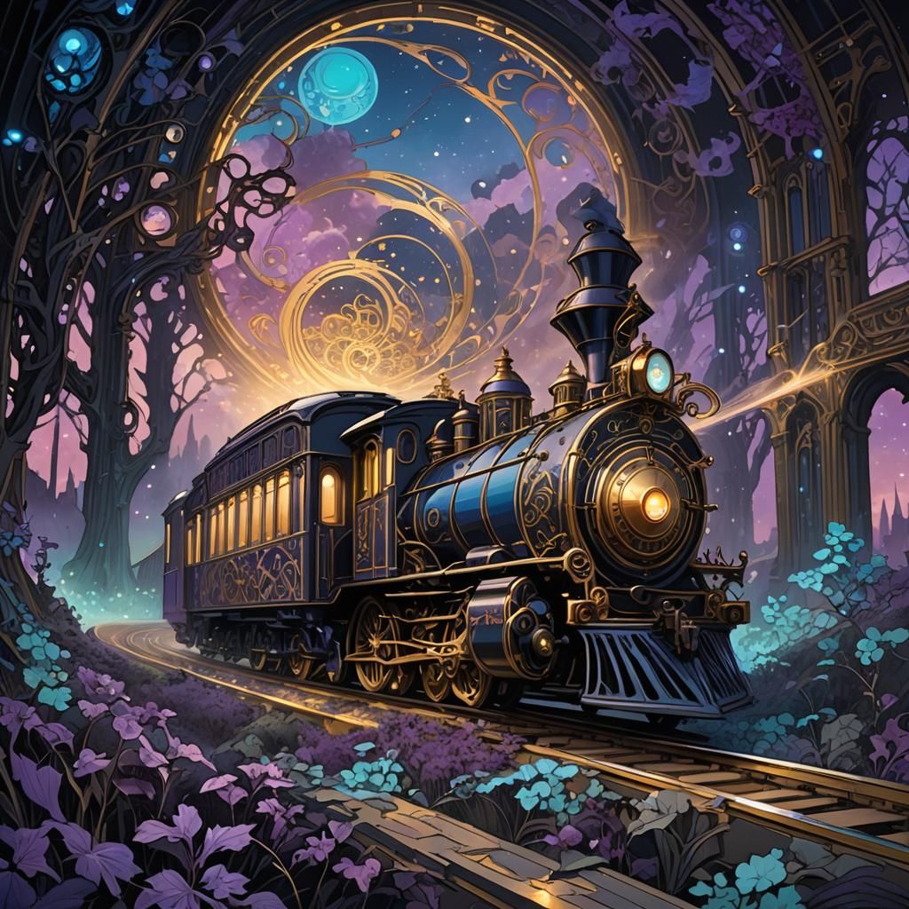Mystical Train in Dreamworld: Art Nouveau Fantasy