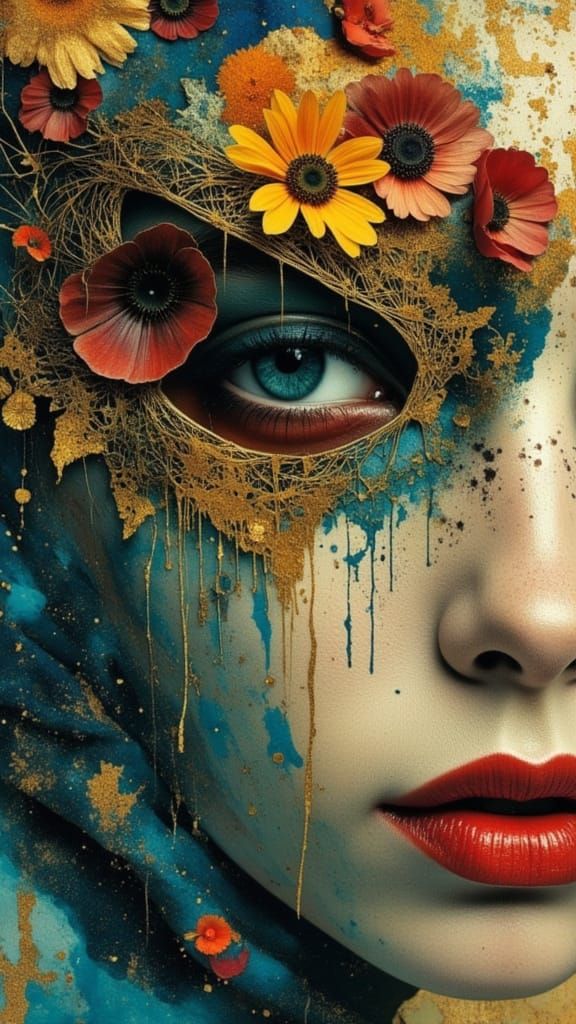 Psychedelic Portrait of a Woman with Bohemian Mask in Cool B...