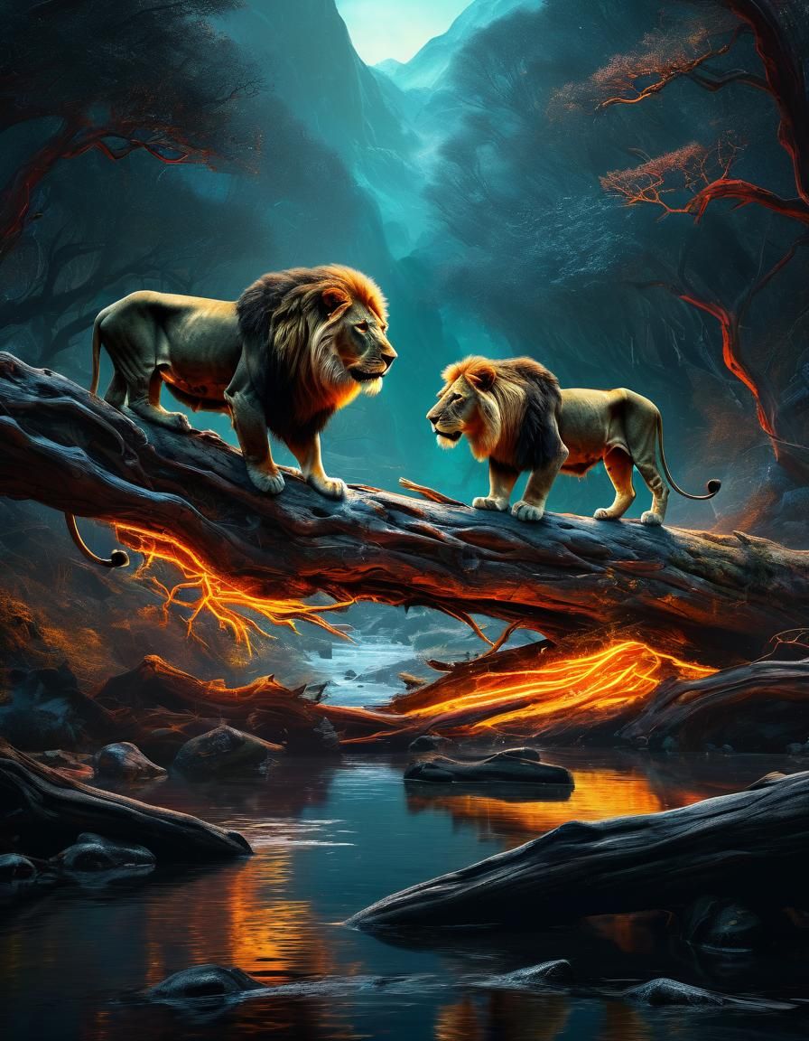 Neon Lion and Lioness in Mountain Stream: Fantasy Art
