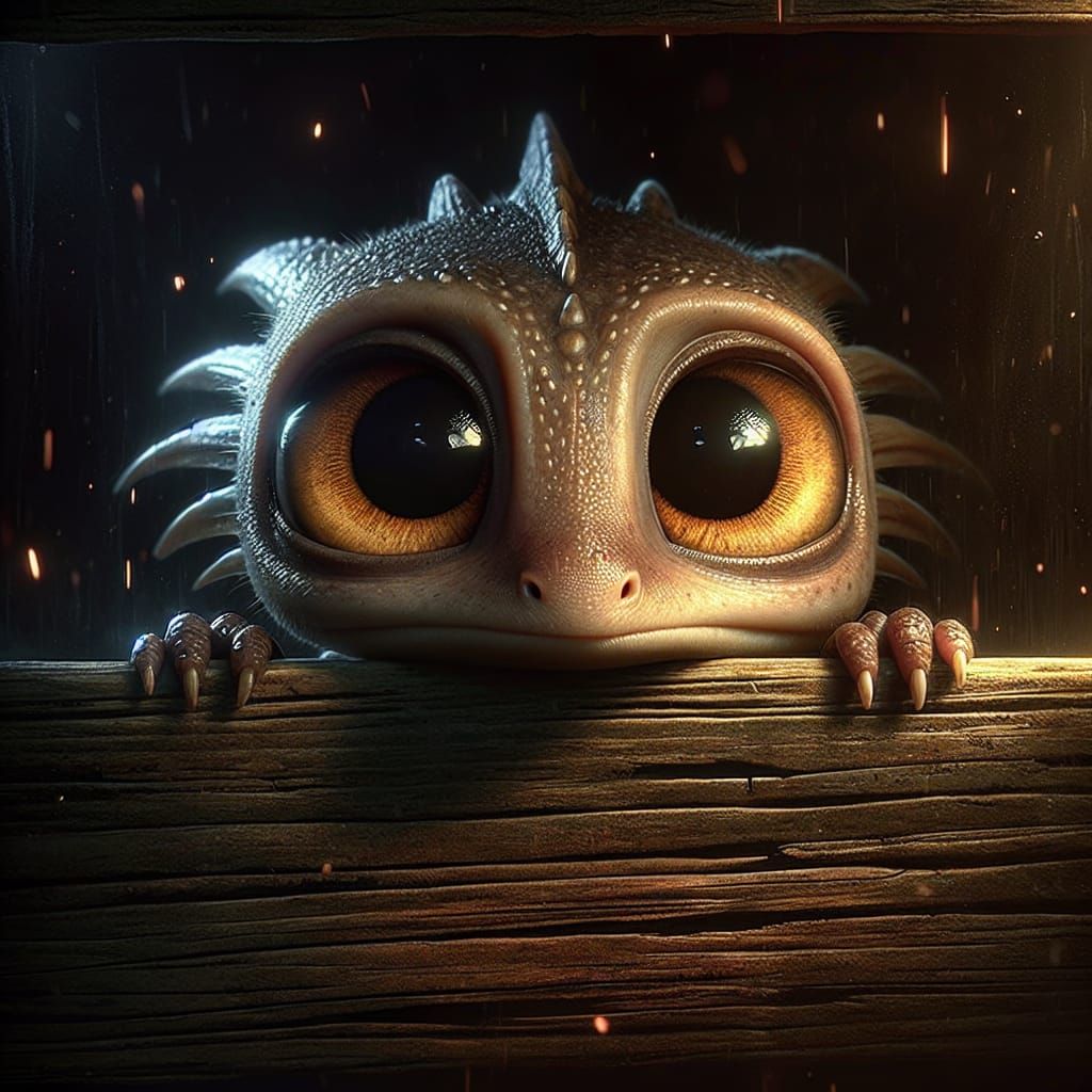 Whimsical Dragon Peers Over Fenced Landscape in Soft, Melanc...