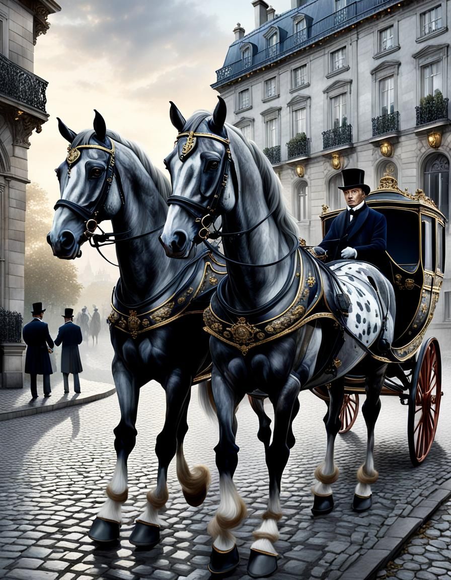 Elegant Coach Approaches Paris Mansion: Hyperrealistic Art