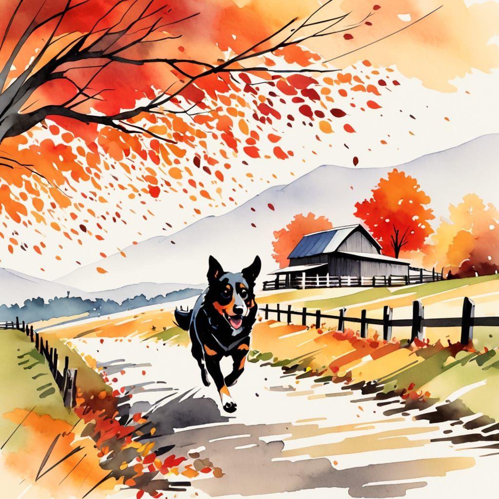 Stylized Farm Dog Racing Autumn Wind in Ink Sketch